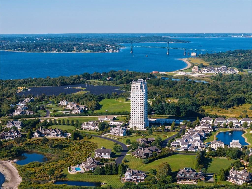 Aerial of the Carnegie Tower and shingle-style homes near the Mount Hope Bridge in Portsmouth.