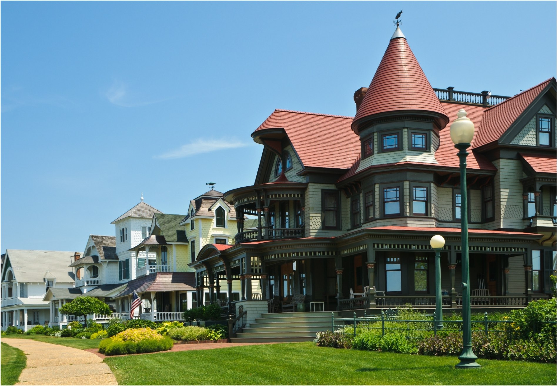 Ornate gingerbread Victorian house with a turret in Oak Bluffs on Martha's Vineyard